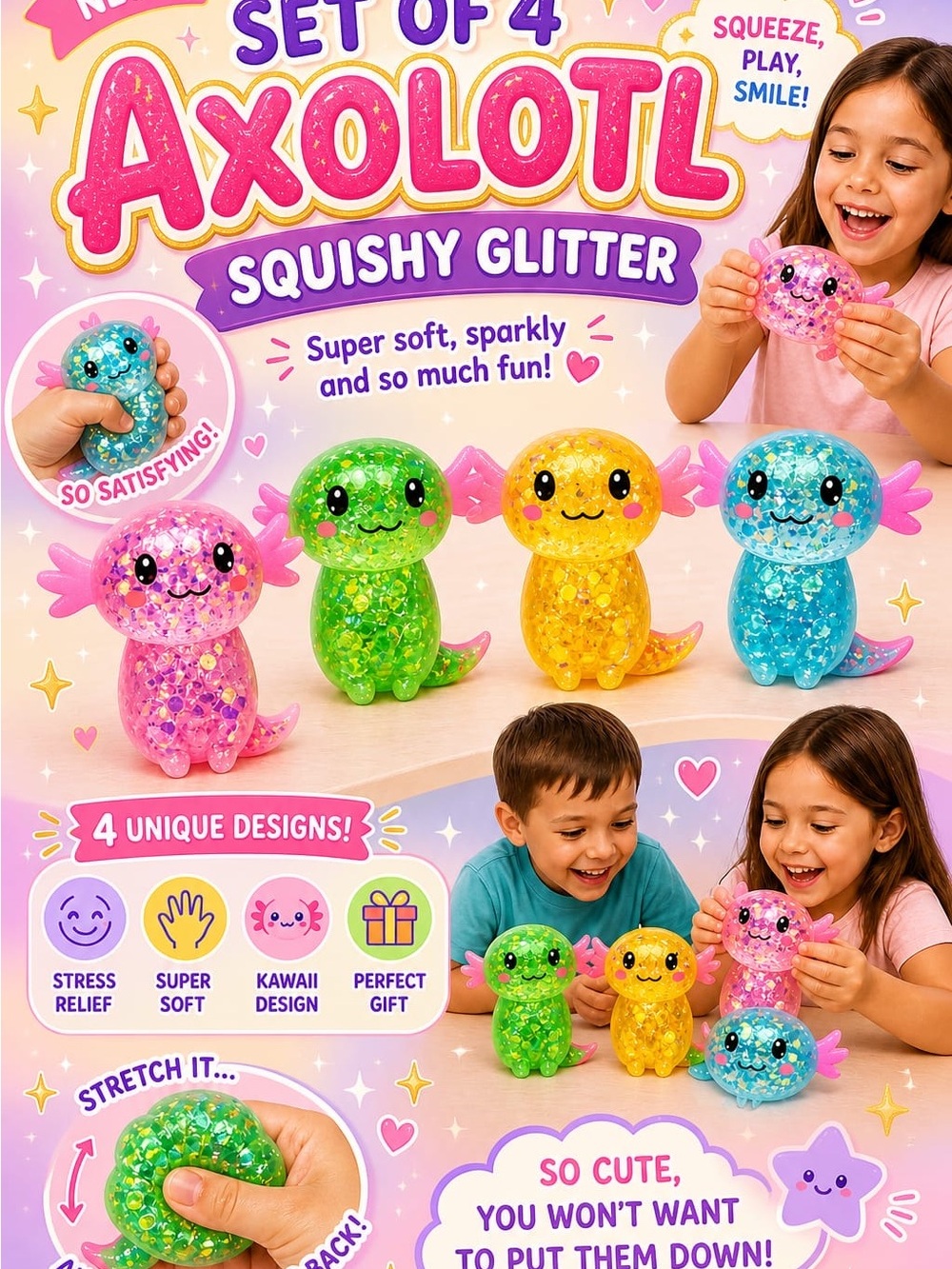 NWT Glitter Axolotl Squishy Set of 4 – Pink, Green, Yellow & Blue Kawaii Toys - Picture 2 of 4